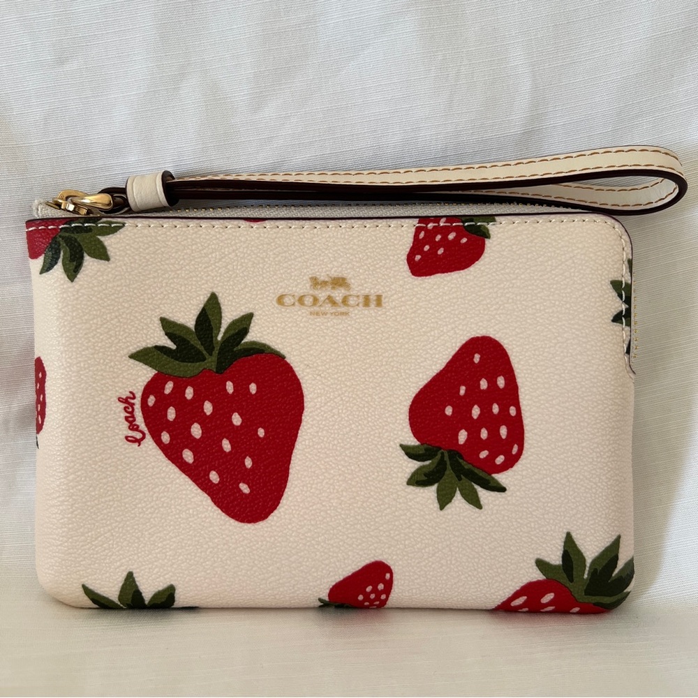 Coach Corner Zip Wristlet With Wild Strawberry Print